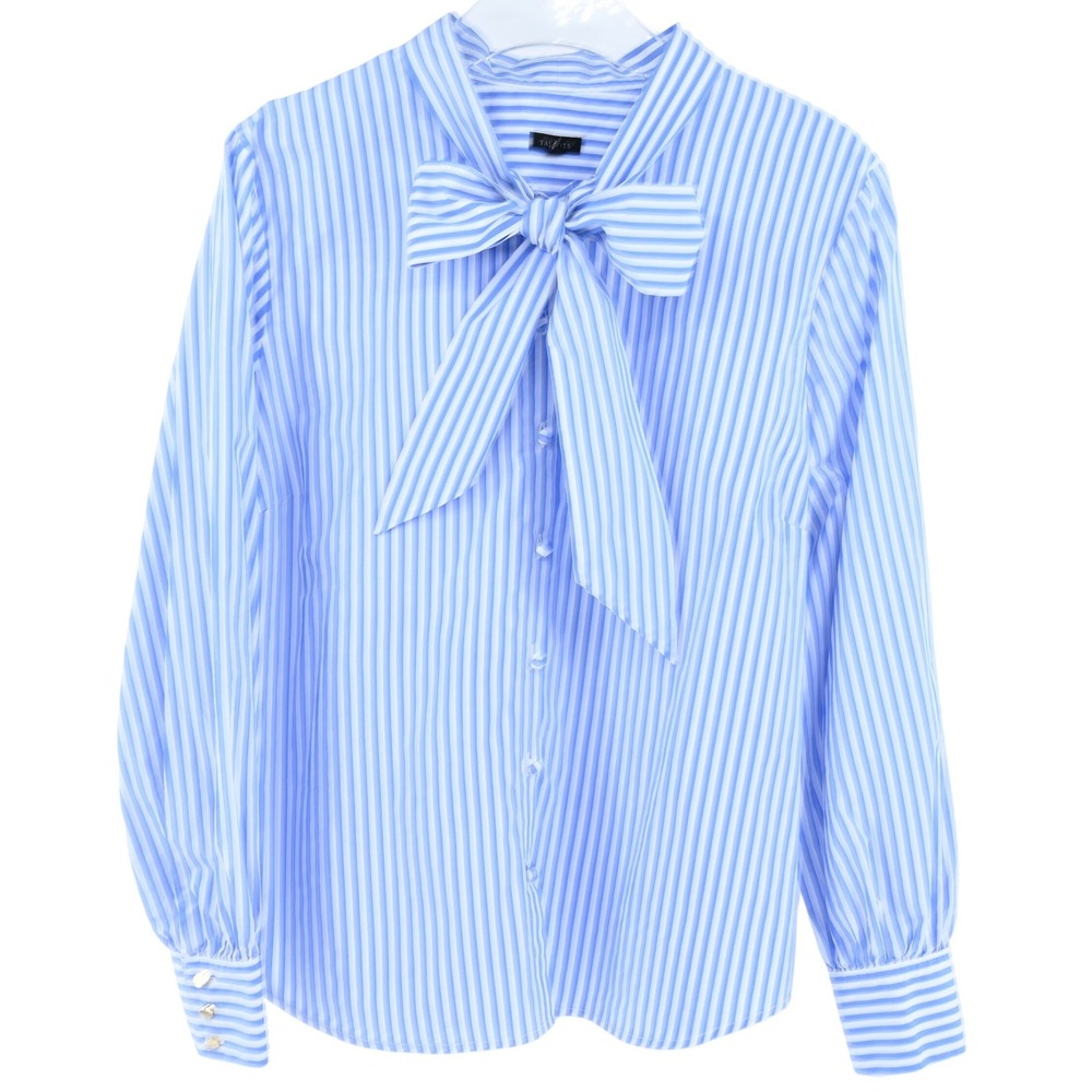 Talbots Blue White Striped Bow Neck Button Down Blouse XL Cotton Gold Buttons